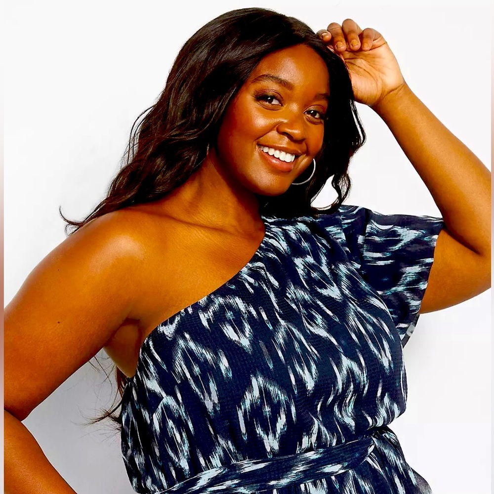One-Shoulder Bubble-Sleeve Ikat Print Midi Dress - Picture 3 of 3